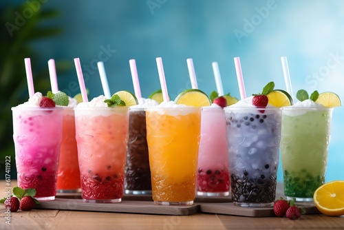commercial photo of bubble tea boba different colorful flavors
