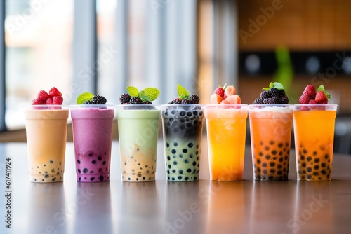 commercial photo of bubble tea boba different colorful flavors
