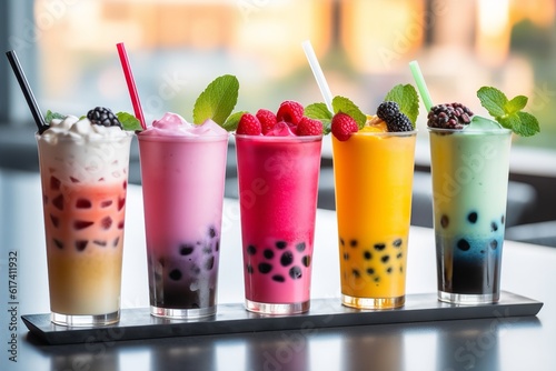 set of colorful bubble teas boba milk with tea