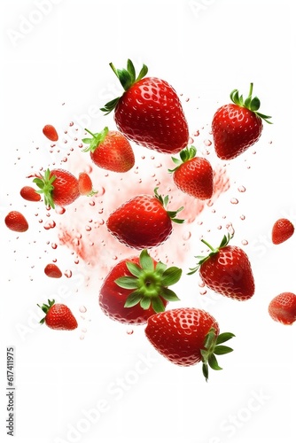 studio photo of strawberry splash falling isolated on white background