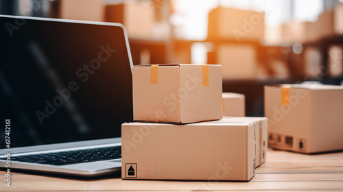 Order fulfillment concept: Table with laptop computer black screen, shipping boxes, retail marketplace, drop shipping business website. Warehouse delivery background