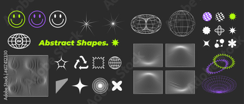 Retro futuristic abstract geometric vector minimalistic shapes, Modern trendy brutalism, extraordinary graphic elements of geometrical 3d shapes, wireframe, cyberpunk perspective grids Vaporwave.