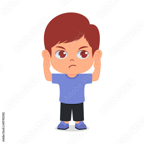 Cute boy covering ears, with a sullen face