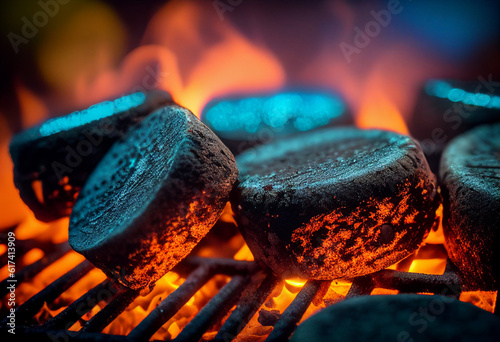 Charcoal briquettes on a garden grill. AI Generated photo