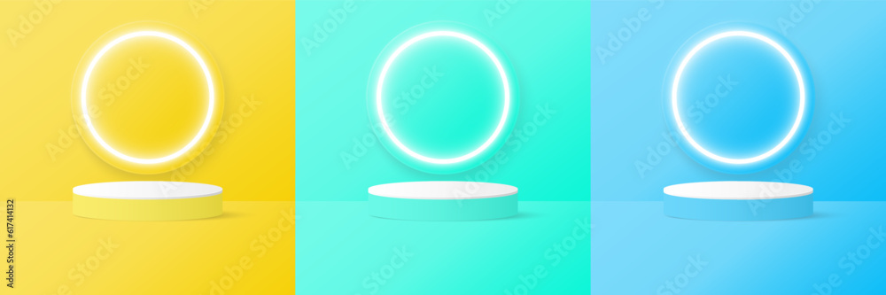 Set of cylinder pedestal podium display, Empty room background. Abstract modern vector rendering 3d shape for products display presentation. Set of cylinder pedestal podium display, Empty room background. Abstract modern vector rendering 3d shape for products display presentation.