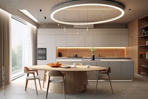 Wallpaper Mural High-End Modern Kitchen with luxurious furniture and finishings. Large island with dining and sleek design Torontodigital.ca