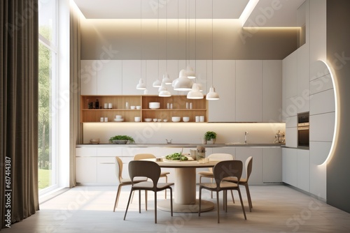 High-End Modern Kitchen with luxurious furniture and finishings. Large island with dining and sleek design