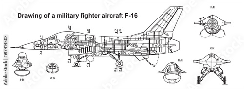 Vector drawing of a military aircraft f-16.
General view of a war plane fighter bomber.
Front view and cut. Cad scheme. 