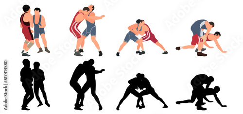 Set of wrestlers silhouettes. Image of greco roman wrestling  martial art  sportsmanship