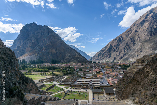 Ollantaytambo, Inca historic terraces and buildings, and view of the town from above in the Andes. photo