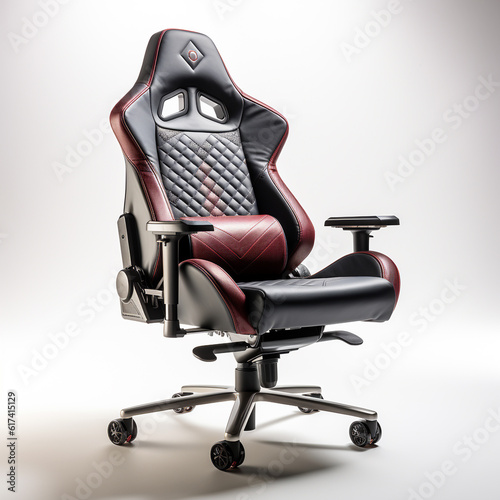 Comfortable gamer chair isolated in plain color background. Having support for the neck and spine that allows the user to sit there for a long period of time.