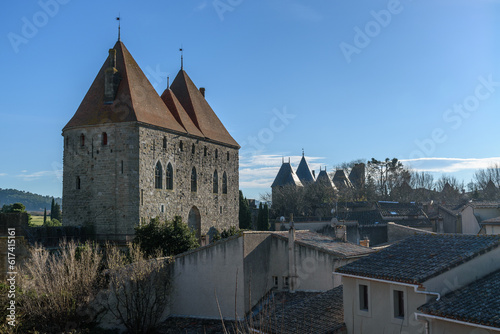 Buildings in the city of Carcassone, with pointed roofs. photo