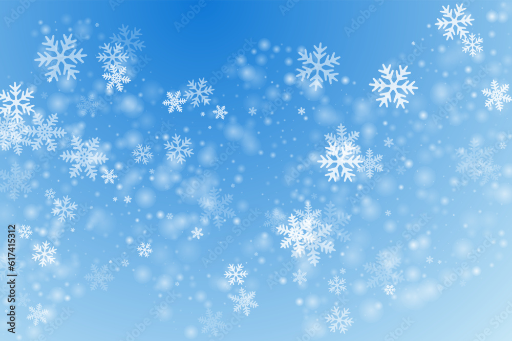 Random flying snow flakes composition. Winter fleck freeze elements. Snowfall weather white blue design. Vivid snowflakes february texture. Snow nature landscape.