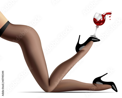 Female legs in pantyhose and high-heeled shoes holding a glass of red splashed wine isolated on white. Vector illustration
