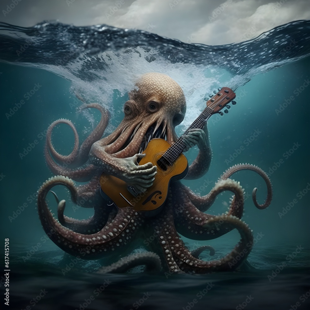 scary octopus deep into the ocean playing guitar 