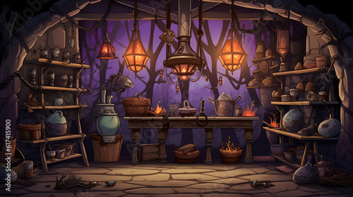 Witch or wizard alchemical laboratory with magic books and potions with mystic glow at night. Alchemist lab interior with wooden furniture. AI illustration. For games and mobile applications.