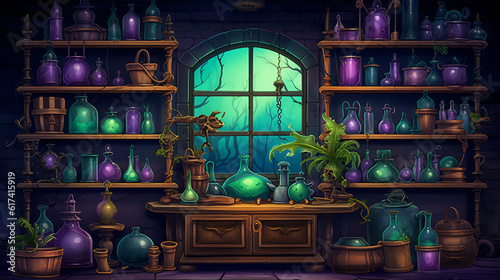 Witch or wizard alchemical laboratory with magic books and potions with mystic glow at night. Alchemist lab interior with wooden furniture. AI illustration. For games and mobile applications. © Oksana Smyshliaeva