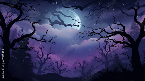 Realistic halloween background with creepy landscape of night sky fantasy forest in moonlight. AI illustration.