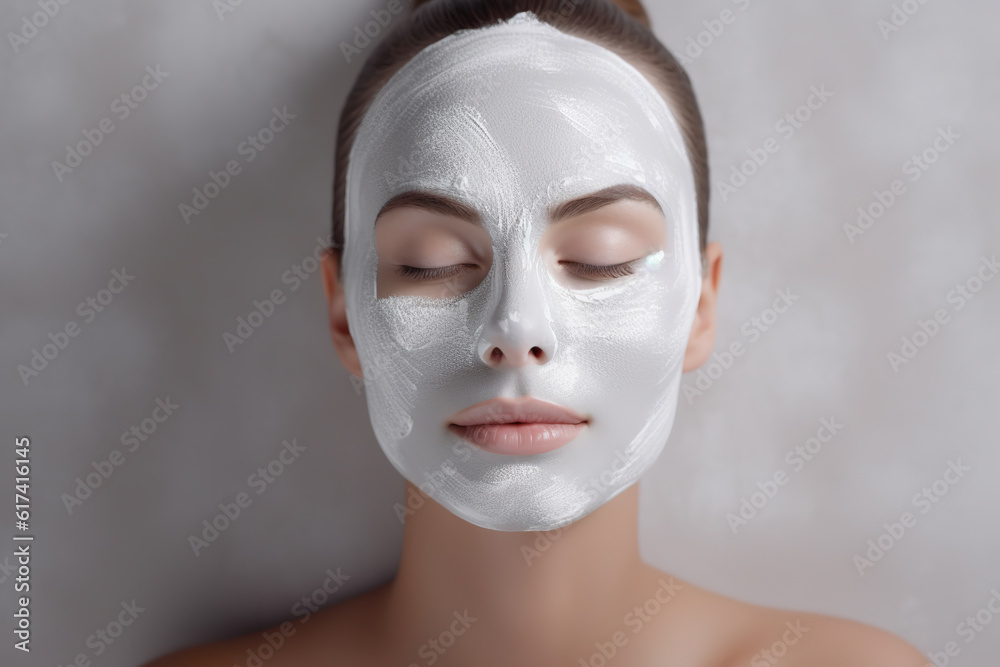 Woman in white mask on face in spa beauty salon Woman in white mask on face in spa beauty salon