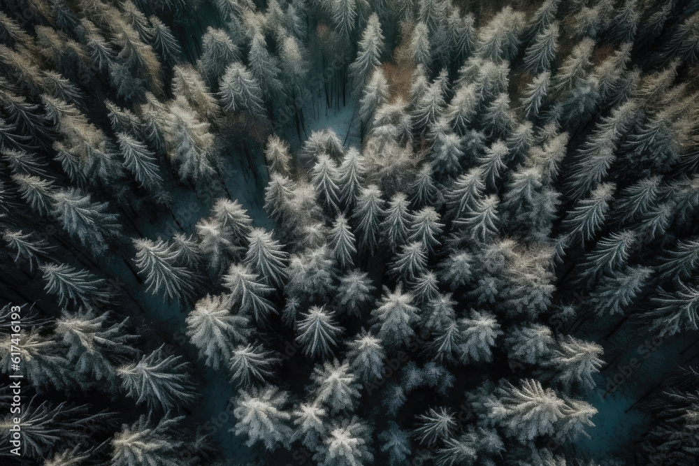 Winter Wonderland: Aerial View of Serene Pine Forest. Generative AI