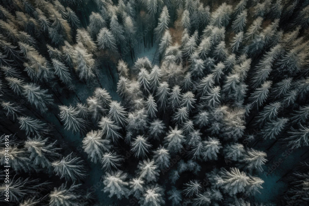 Winter Wonderland: Aerial View of Serene Pine Forest. Generative AI Winter Wonderland: Aerial View of Serene Pine Forest. Generative AI