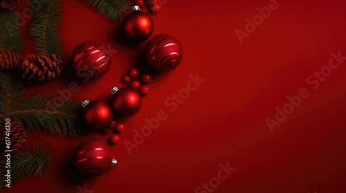Joyful Christmas Decoration on Red Background. Generative AI
