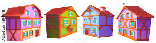 Old medieval germany town building vector set. European german city street house cartoon clipart collection. Bavaria landmark isometric exterior cityscape. Isolated timber victorian mansion png