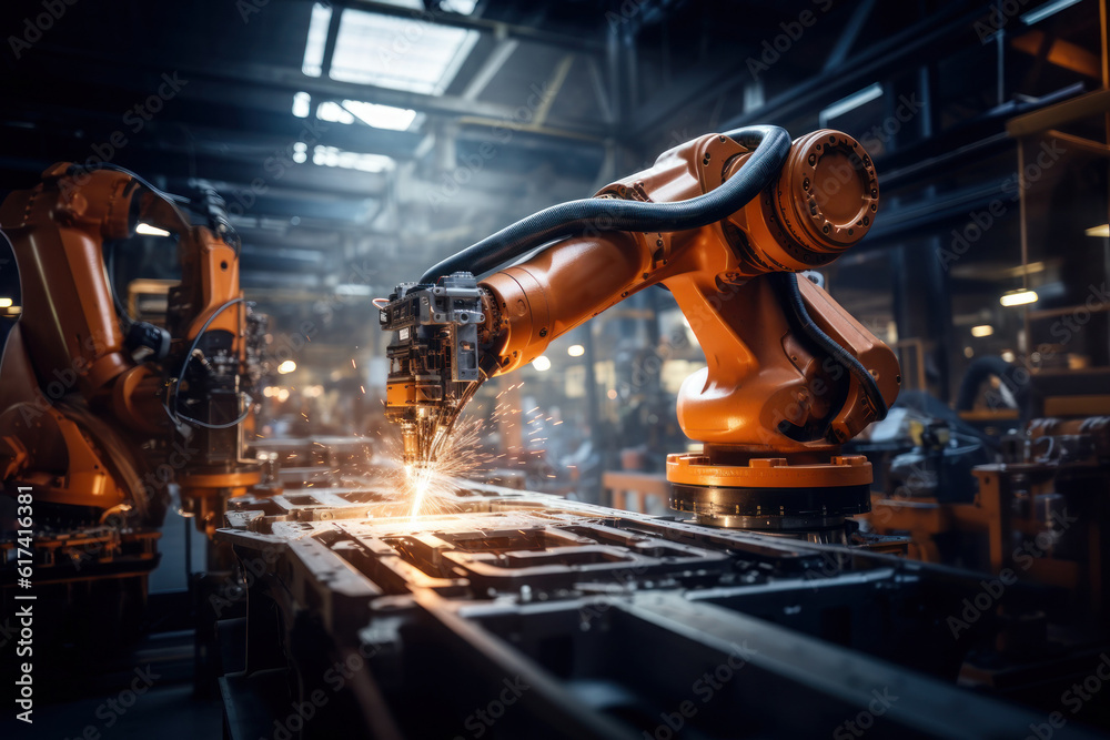 Industrial robots arm are welding automotive part in car factory. AI Generative