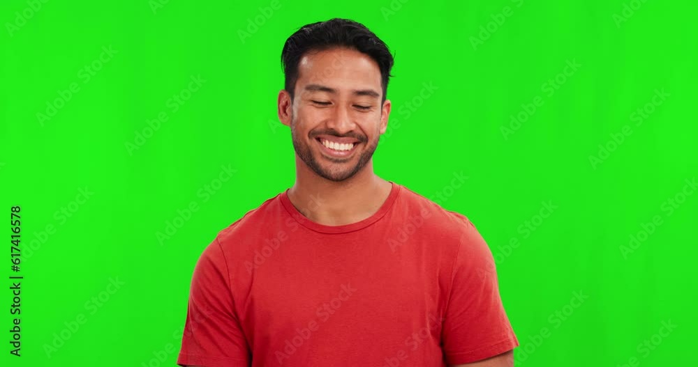 Communication, sign language and Asian man on green screen for thank you, gratitude and grateful. Deaf, chromakey studio and portrait of male person with hand on chest for signing, symbol and speech