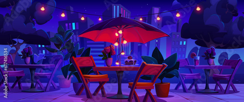 Night romantic outdoor street city cafe vector scene. Wooden table, chair and umbrella in outside urban lounge restaurant with bulb garland and downtown skyscraper landscape for dining in evening.