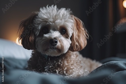 Adorable Dog Relaxing on Bed in Cozy Bedroom with Copy Space. Pet and Home Interior Concept