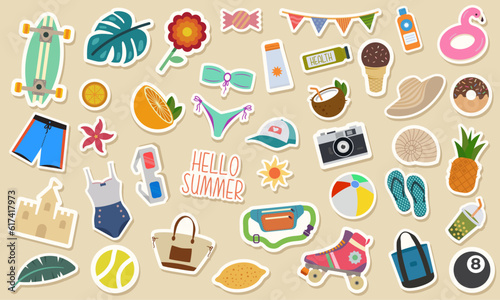 Summer Digital Sticker Set. Cute Clipart in Flat Vector Style. Collection of Colorful Graphic Design Template