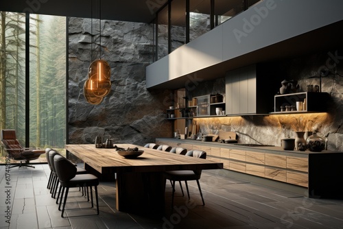 Sophisticated Contemporary Kitchen with rock walls and grand windows  LED Lighting and great design