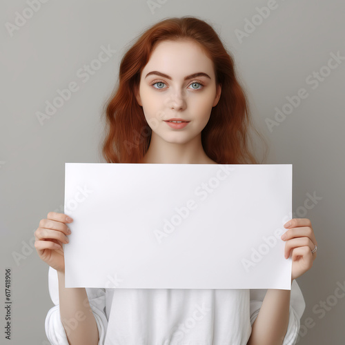 Business woman hold blank card. Smiling business woman.