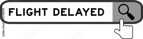 Search banner in word flight delayed with hand over magnifier icon on white background