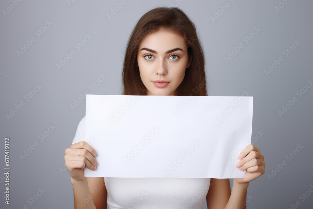 Smiling millennial lady demonstrating white empty billboard with place for text, standing over grey studio background Smiling millennial lady demonstrating white empty billboard with place for text, standing over grey studio background