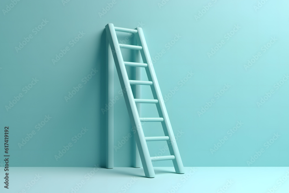 Generative AI illustration of blue ladder leaning vertically on blue