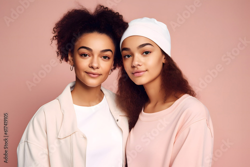 Generative AI illustration of cute young black identical female twins in curly hair and looking at camera while standing against peach background photo