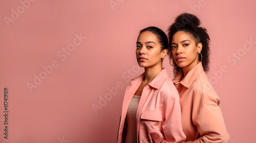 Generative AI illustration portrait of confident identical twin in pink trendy outfits looking at camera while standing against pink background photo