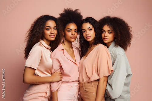Generative AI illustration of positive young ethnic hairy girlfriends in trendy outfits looking at camera against peach studio background photo