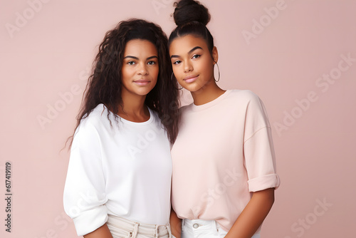 Generative AI illustration of young African American identical female siblings in standing against pink background and looking at camera photo