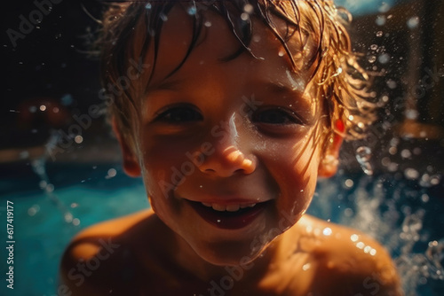 Sunny Delight: Happy Boy in the Pool. Generative AI © AIproduction