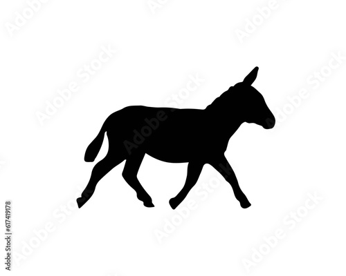 Donkey Walking Silhouette in black color. Farm herbivorous mammal animal. Vector illustration logo