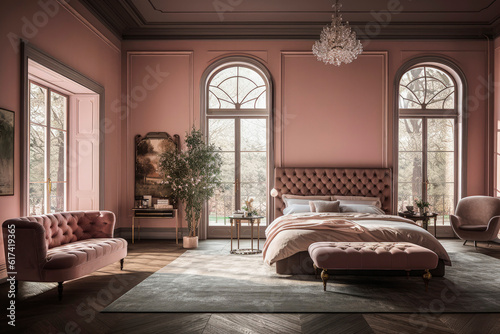 Generative AI illustration of large luxury bedroom with powdery pastel colors walls with luxury furniture of bedroom and sunbeams