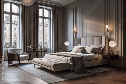 Generative AI illustration of large luxury bedroom with powdery pastel colors walls with luxury furniture of bedroom and sunbeams photo