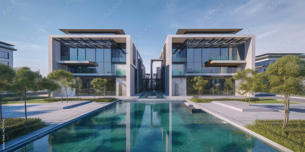 Contemporary Dream Home with Captivating Water Elements. Generative AI