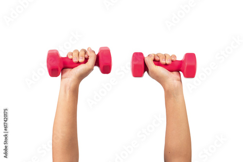Hand holding pink dumbbell isolated on white background. Female hands with stylish dumbbell.