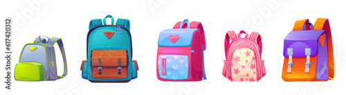 Set of kids school bags isolated on white background. Vector cartoon illustration of colorful textile backpacks with pockets and badges. Collection of travel rucksacks. Tourism adventure accessories