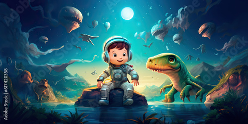 kids illustration of a space boy with dinossaurs