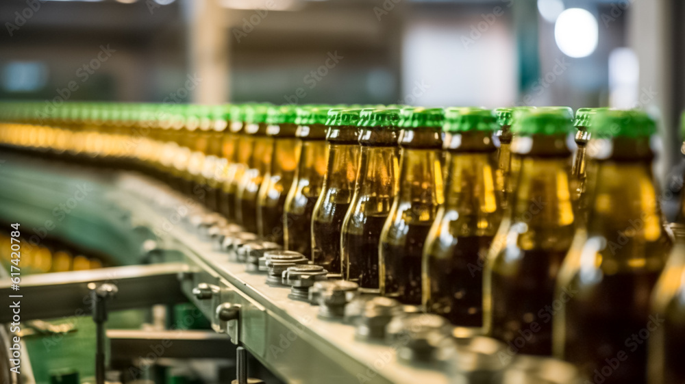 Brown glass beer drink alcohol bottles, brewery conveyor, modern production line. Concept brewery plant production line.
Brown glass beer drink alcohol bottles, brewery conveyor, modern production line. Concept brewery plant production line.
